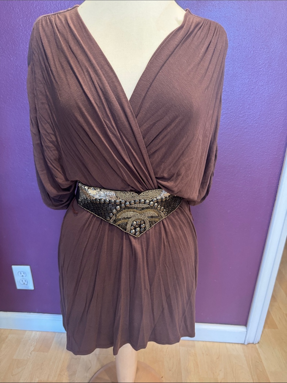 Akiko wrap dress with jeweled removable belt.